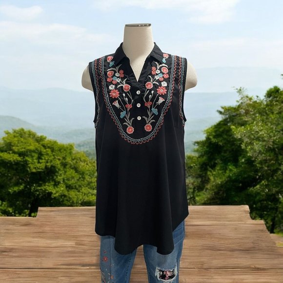 Roper Black Sleeveless Top With Embroidered Floral Details XL Sz 100% Polyester - Picture 1 of 11